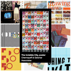 AIGA Design Archives collection grid featuring The Invisible City, poster by Chermayeff & Geismar, rows of travel tags